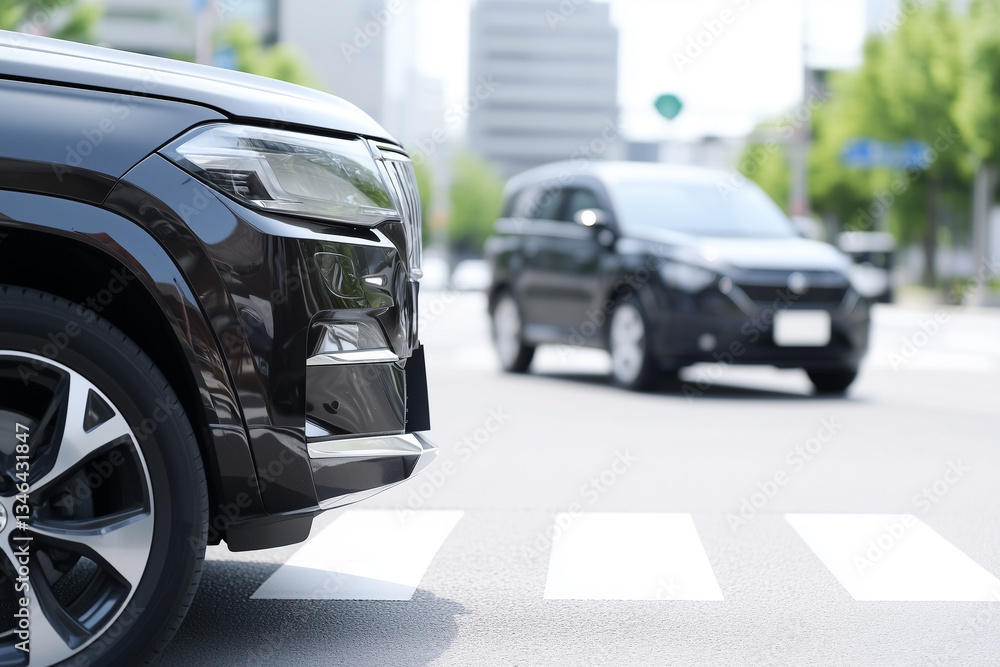 Fototapeta premium Close-up of black SUV at pedestrian crossing with another black vehicle in background in urban setting