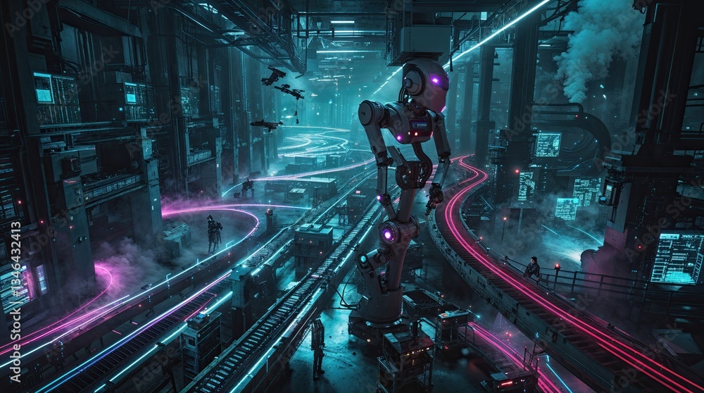 Futuristic factory at night with robots and drones moving in sync, neon lights illuminate the scene, creating a dynamic and technologically advanced atmosphere. Issue of human jobs being replaced
