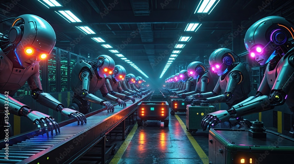 Rows of robots with glowing eyes working on an assembly line in a futuristic, neon-lit factory, showcasing automation and advanced technology. Issue of human jobs being replaced