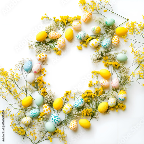 Easter eggs in a frame of twigs of mimosa on a white background. Top view