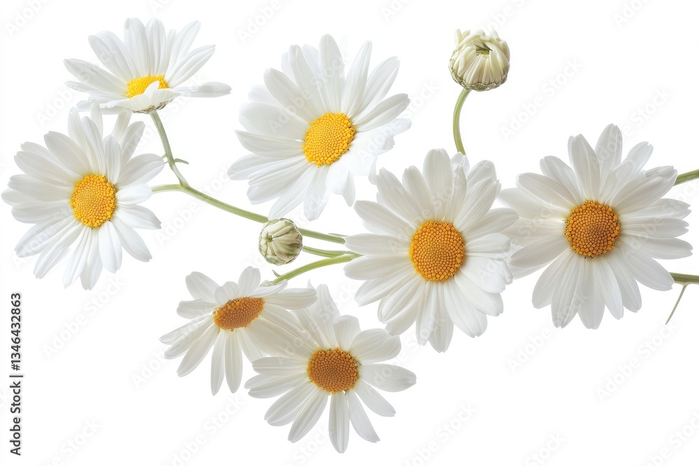 Fototapeta premium Several white daisies with yellow centers against a white background