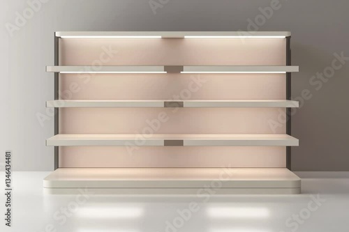 isolated empty 3D rendering showcase background podium racked display shop blank store market shelf supermarket retail rack equipment shelving.
