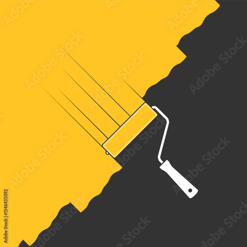 Paint roller paints the surface with paint. Graphic poster with painting paint of surface. Symbol of renovation. Vector illustration