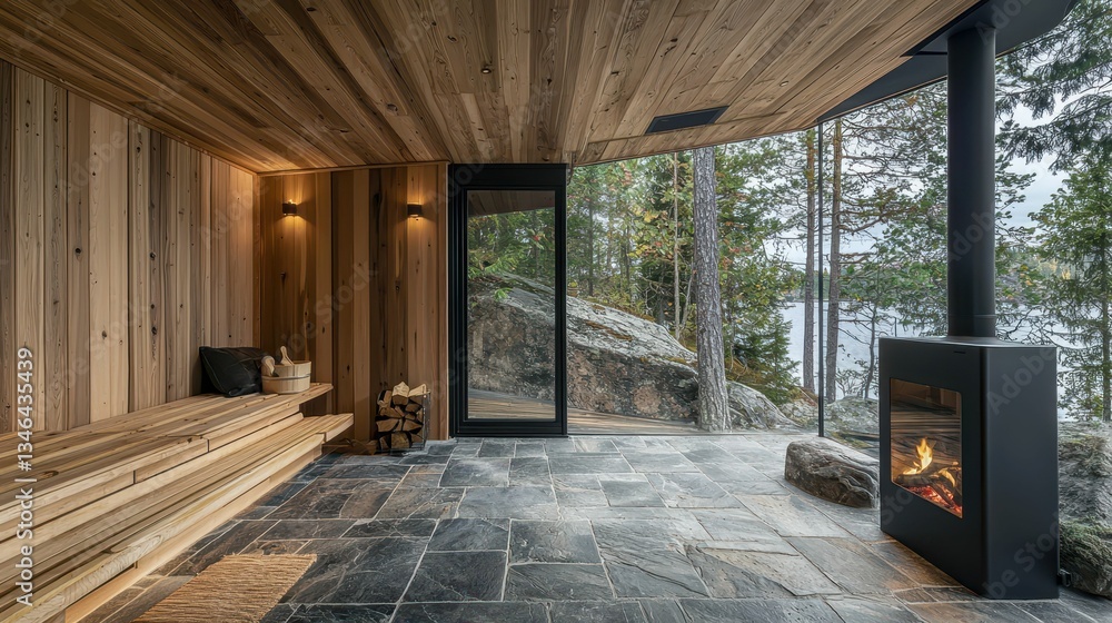 Fototapeta premium Modern Rustic Cabin Interior with Stone Floor and Wood Accents