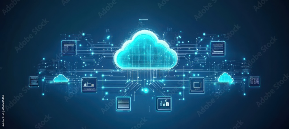 Cloud computing network with cybersecurity design on a fuzzy blue background