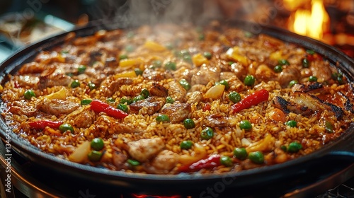 Spicy, flavorful paella cooking on a hot pan