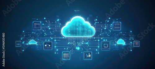Obraz na płótnie Cloud computing network with cybersecurity design on a fuzzy blue background w salonie