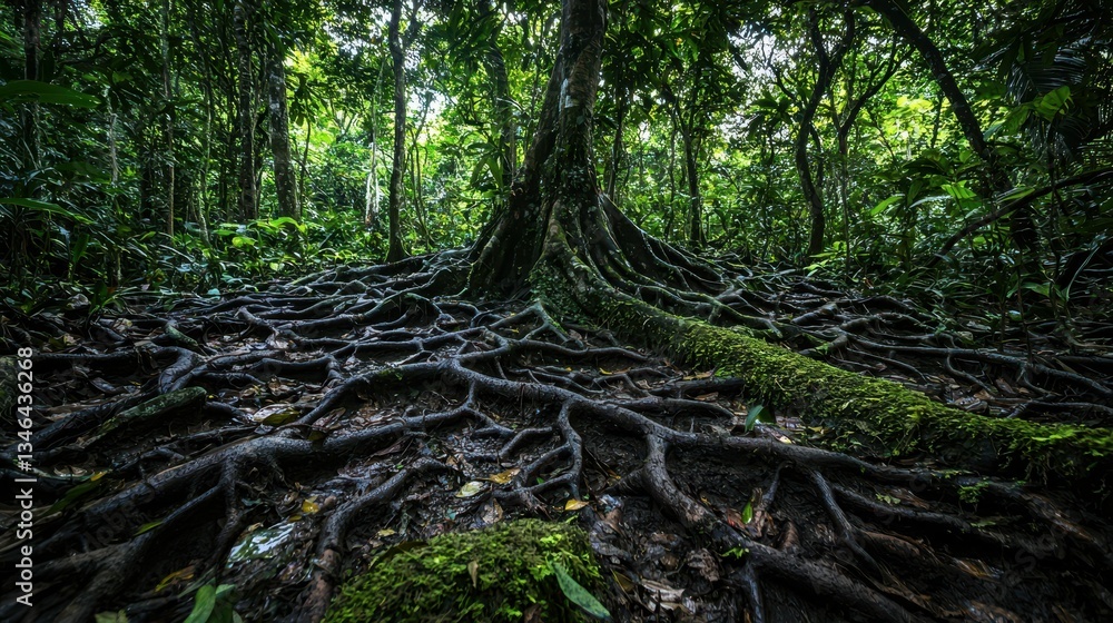 Obraz premium Dense Rainforest with Exposed Roots and Lush Greenery in Nature