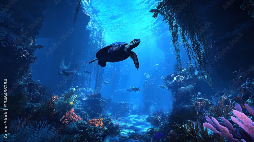 Fototapeta premium Underwater Scene with Sea Turtle and Vibrant Coral Reef Landscape