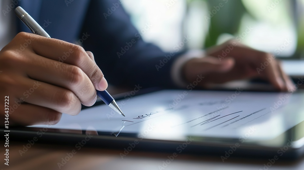 Close-up of a professional signing a digital document on a tablet Close-up of a professional signing a digital document on a tablet