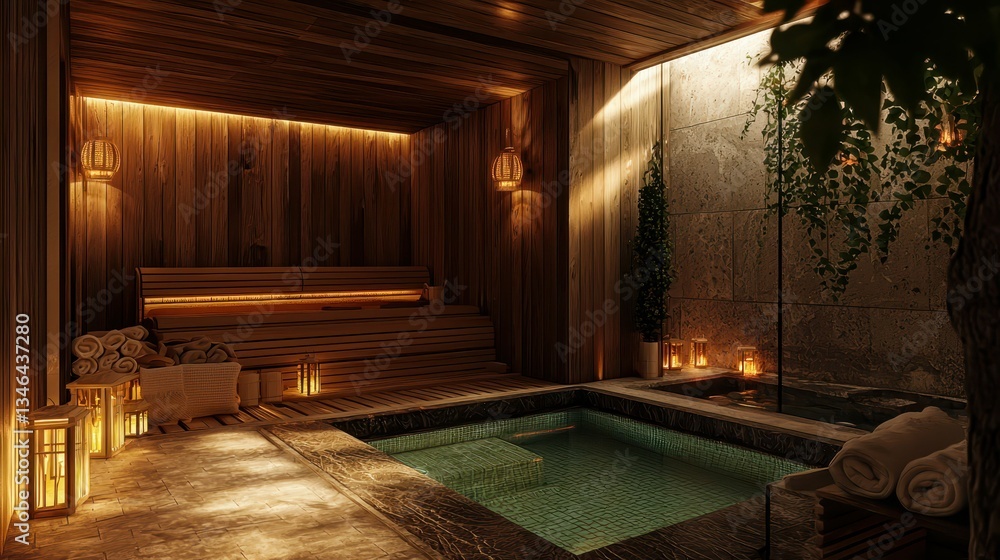 Fototapeta premium Serene Indoor Spa Retreat with Warm Wooden Elements and Soft Lighting