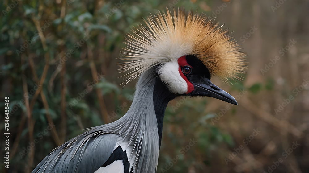 Fototapeta premium Grey Crowned Crane Portrait with Distinctive Feathers and Red Marking