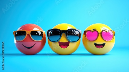 Colorful Emoji Smiley Faces with Sunglasses on Blue Background