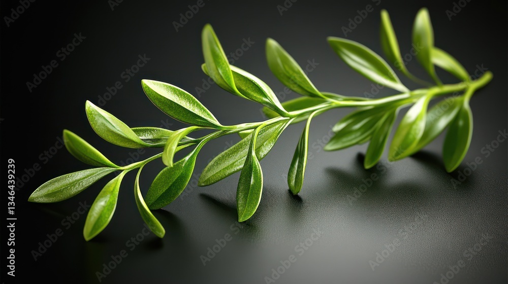 Obraz premium Lush green sprig, dark background, studio shot, botanical illustration, nature design