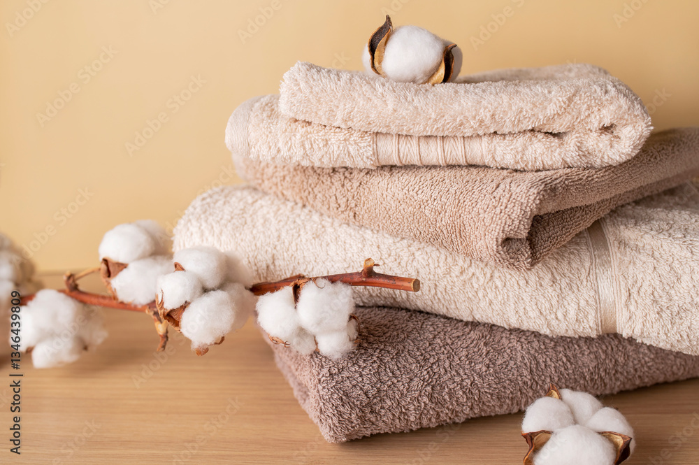 Stack of cotton towels and cotton branch with lush flowers on beige background. Natural bath towels, hygiene, cleaning, laundry. Production of natural textile fibers Stack of cotton towels and cotton branch with lush flowers on beige background. Natural bath towels, hygiene, cleaning, laundry. Production of natural textile fibers