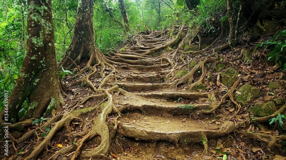 Obraz premium Winding Nature Trail with Exposed Tree Roots and Lush Greenery