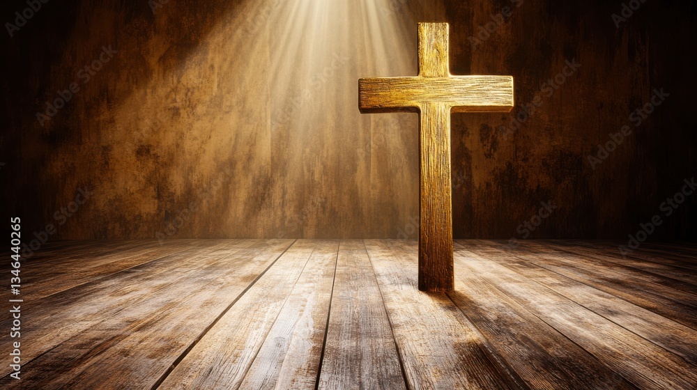 Naklejka premium Wooden Cross Surrounded by Dramatic Light in a Rustic Setting