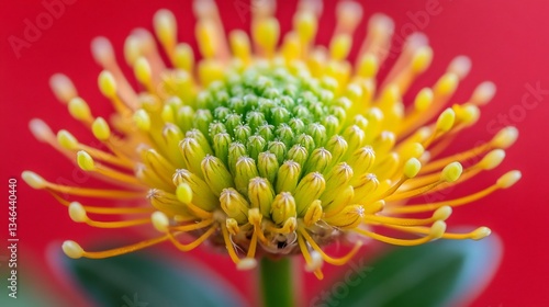 Vibrant yellow flower blooms brightly against rich red background. AI Generated