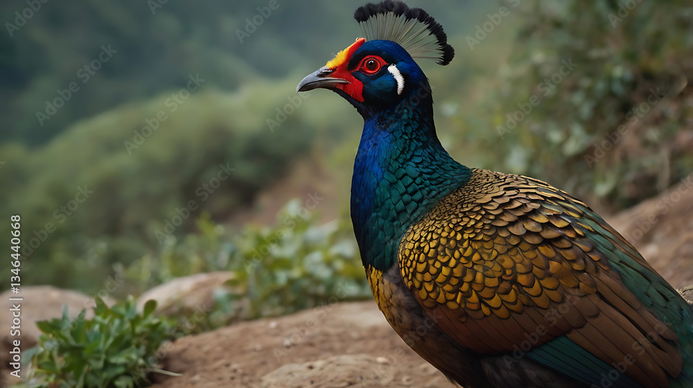 Obraz premium Himalayan Monal Pheasant Standing Calmly in Natural Mountain Habitat Portrait