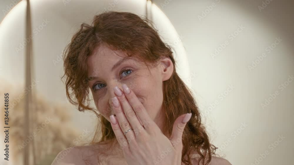 Close-up portrait of Caucasian happy red-haired young woman showing engagement ring and smiling for camera Close-up portrait of Caucasian happy red-haired young woman showing engagement ring and smiling for camera