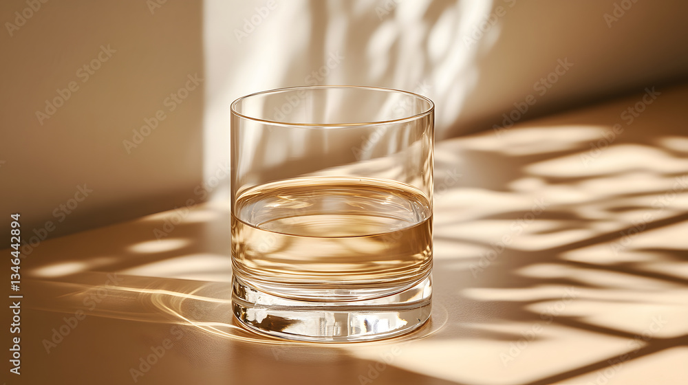 A clear glass of water sits on a surface, casting interesting shadows from nearby light, creating a serene atmosphere A clear glass of water sits on a surface, casting interesting shadows from nearby light, creating a serene atmosphere