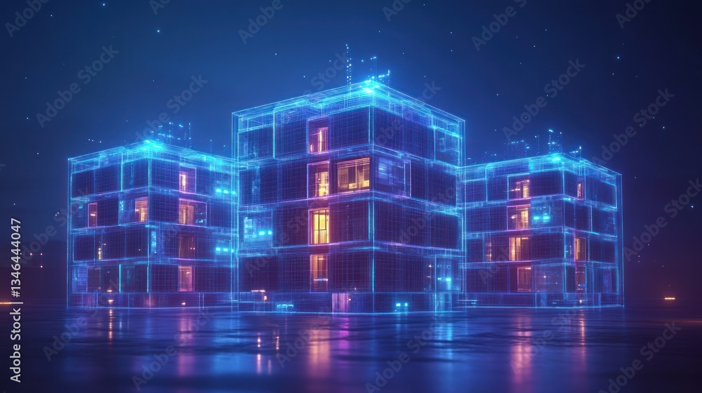 Futuristic glowing apartment building at night Futuristic glowing apartment building at night