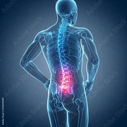 3d rendered illustration of a human body anatomy. 3D render of a transparent human body with a glowing spine highlights lower back pain.