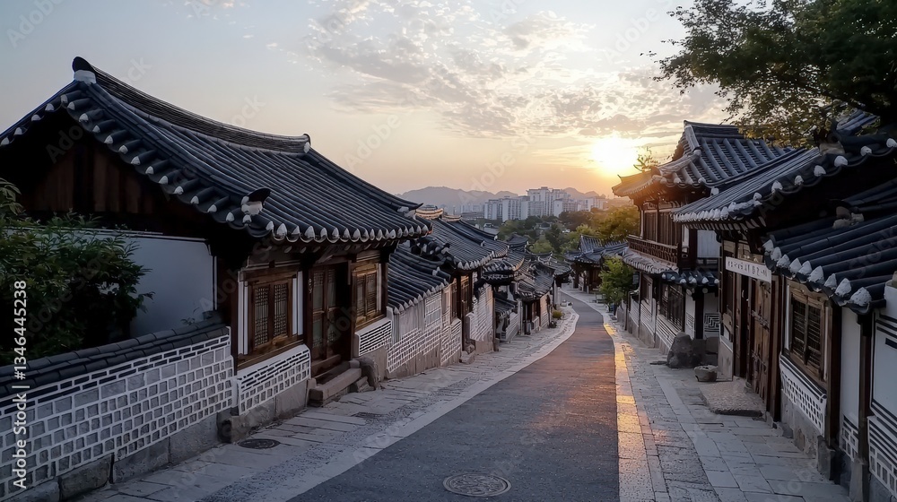 Sunset over traditional hanok village bukchon south korea photography serene atmosphere scenic view Sunset over traditional hanok village bukchon south korea photography serene atmosphere scenic view