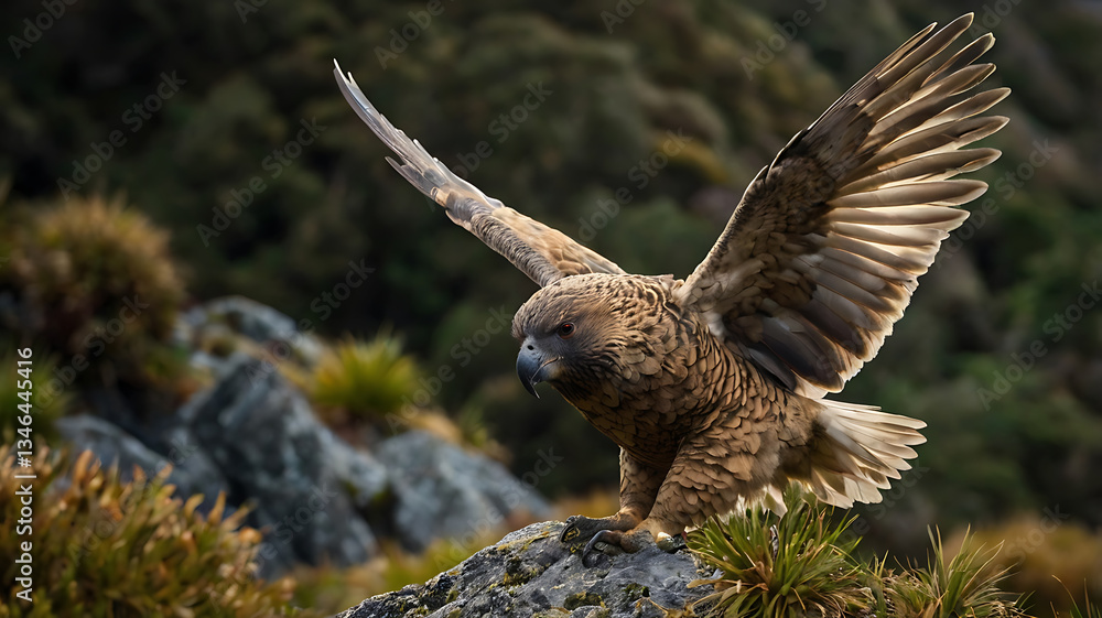 Fototapeta premium Kea Bird Landing with Open Wings on Rock in New Zealand