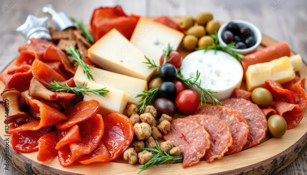 Gourmet cheese, meat, olive platter; rustic wood; festive background; appetizer