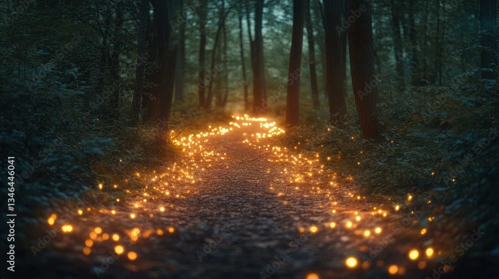 Fototapeta premium Enchanting glowing path through dark forest