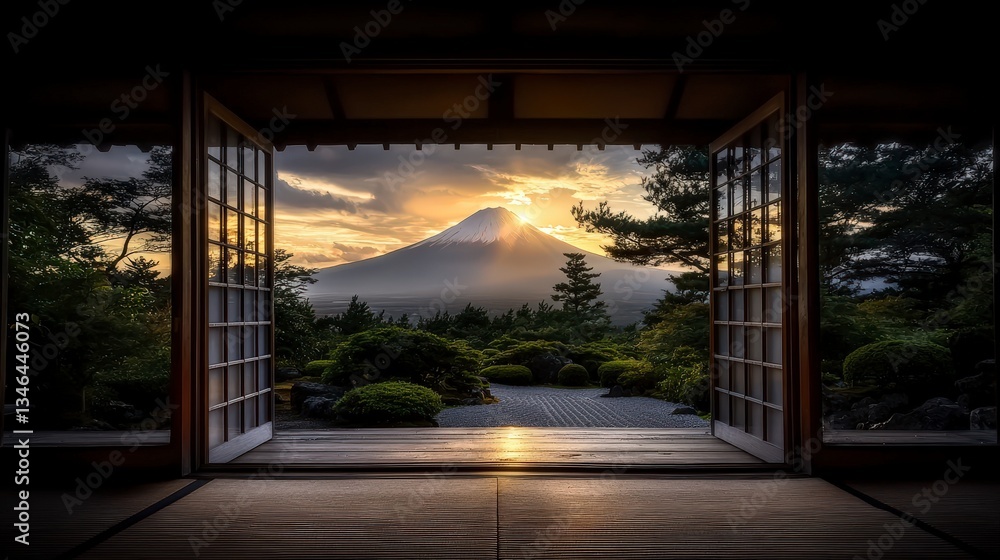 Obraz premium Majestic sunrise over mount fuji japanese garden landscape photography tranquil environment scenic viewpoint