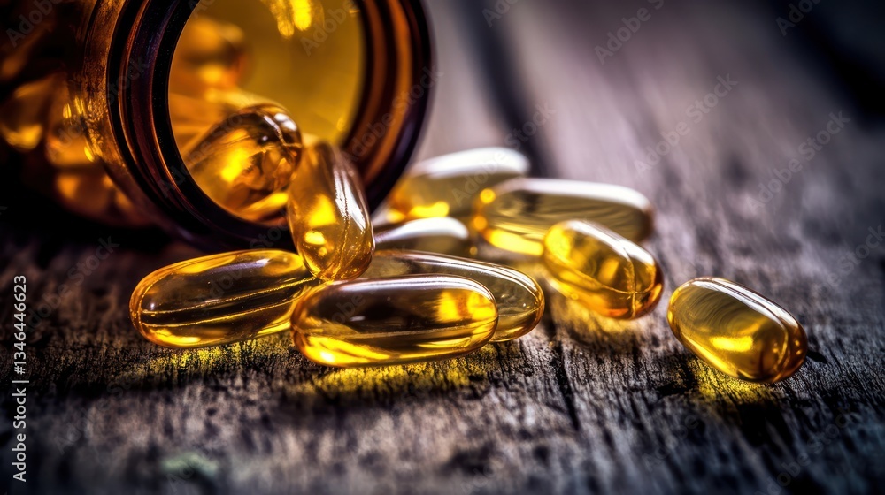 Golden capsules spilling from bottle onto rustic wood; health supplement photography Golden capsules spilling from bottle onto rustic wood; health supplement photography