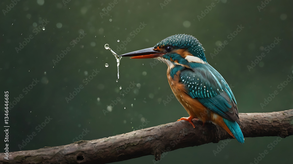 Fototapeta premium Kingfisher Perched on Branch with Water Droplets From Beak on Rainy Day