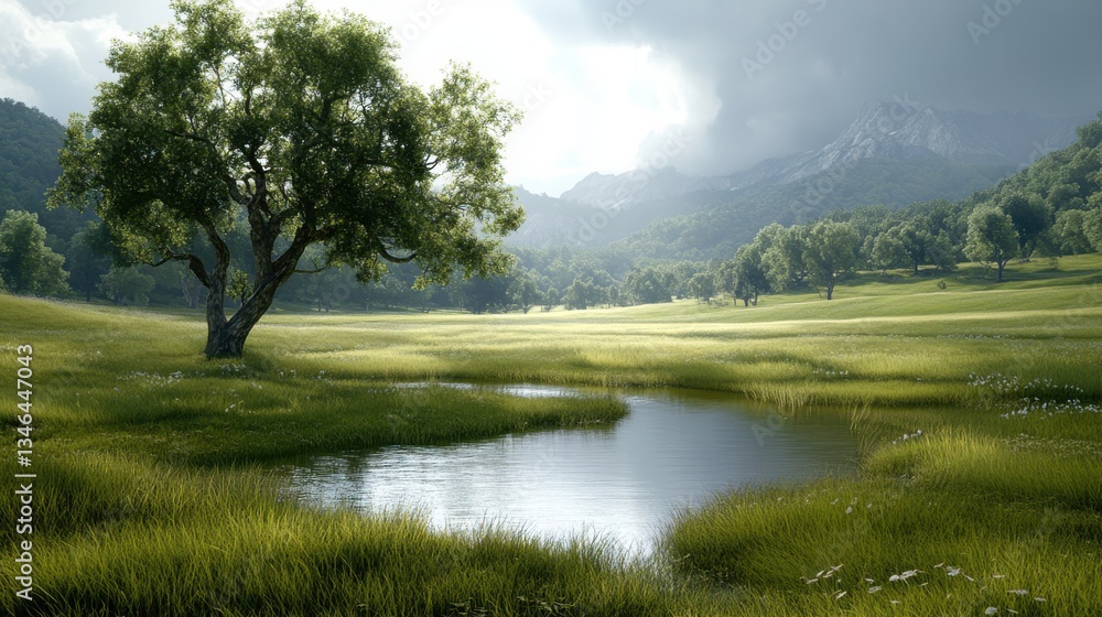Obraz premium A tranquil landscape scene featuring a large tree and a pond
