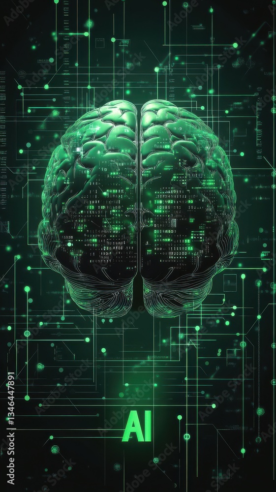 Artificial Intelligence Brain and Binary Code Illustration.