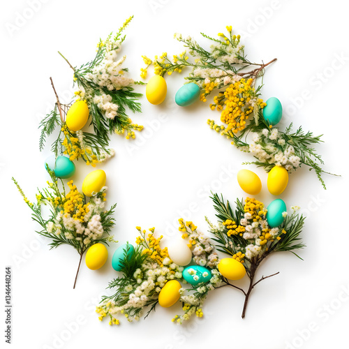 Easter. A wreath of twigs of mimosa, needles and Easter eggs on a white background. Top view