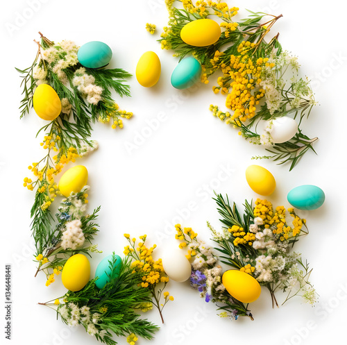 Easter. A wreath of twigs of mimosa, needles and Easter eggs on a white background. Top view