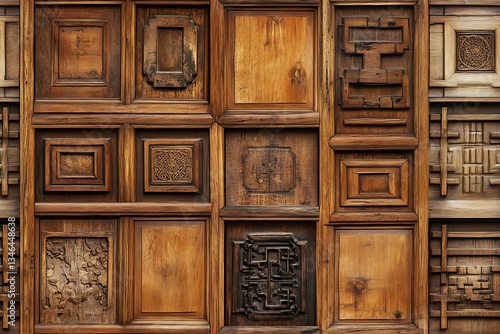 A wall made of Chinese wooden doors, arranged in an artistic seamless pattern