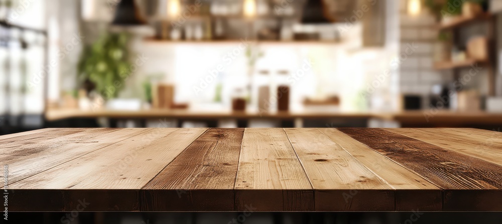 Empty wooden countertop on the blurred background of a modern kitchen Empty wooden countertop on the blurred background of a modern kitchen