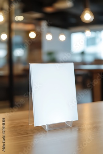Blank white acrylic menu stand on wooden table on blurred restaurant background .