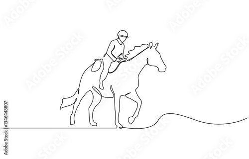 Single continuous line drawing of young professional horseback rider walking with a horse, Single Line Drawing Style with Editable Stroke.