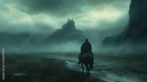 Lone rider approaches misty castle, dark landscape, fantasy art, game design