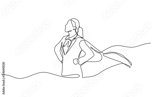 Continuous single one line drawing of standing business super hero woman, Single continuous line drawing businesswoman, Superhero tearing shirt and wearing costume.