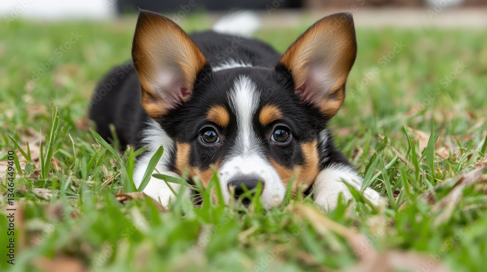 Adorable puppy playing in backyard grass Adorable puppy playing in backyard grass