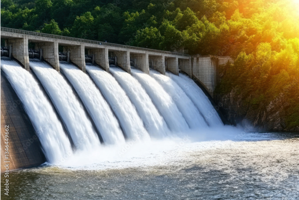hydroelectric dam with water cascading down surrounded by lush greenery and sunlight hydroelectric dam with water cascading down surrounded by lush greenery and sunlight