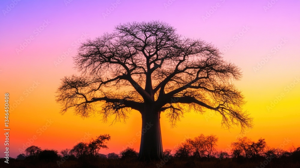 A striking silhouette of a baobab tree on an African sunset gradient background A striking silhouette of a baobab tree on an African sunset gradient background