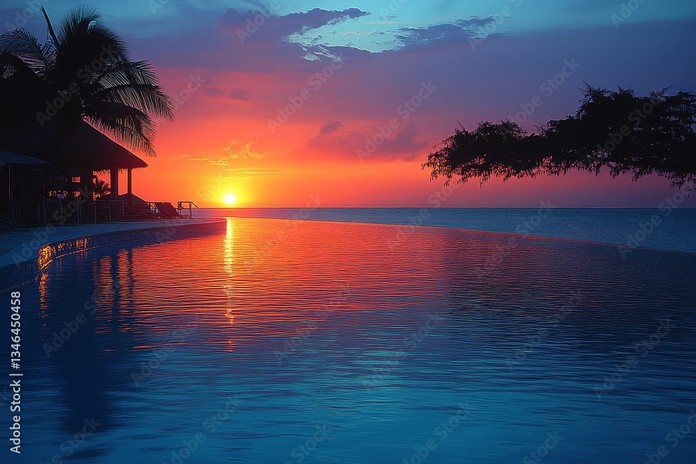 Beautiful sunset over the pool at a luxury Zanzibar hotel, with views of the Indian Ocean and palm trees. Beautiful sunset over the pool at a luxury Zanzibar hotel, with views of the Indian Ocean and palm trees.