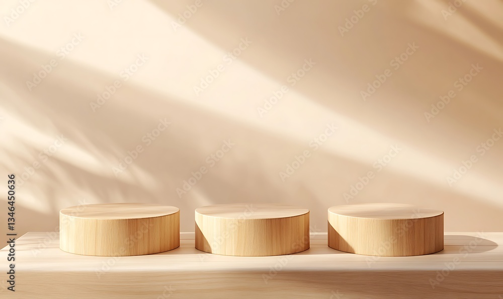 Empty wooden podium in a minimal abstract beige background Empty wooden podium in a minimal abstract beige background