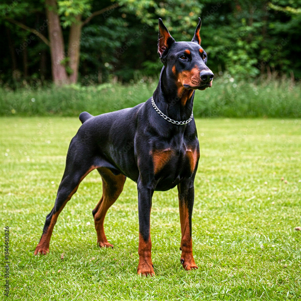 Doberman Pinscher Standing Proudly on a Short Grassy Field, Looking Sharp and Alert with a Confident Posture Doberman Pinscher Standing Proudly on a Short Grassy Field, Looking Sharp and Alert with a Confident Posture